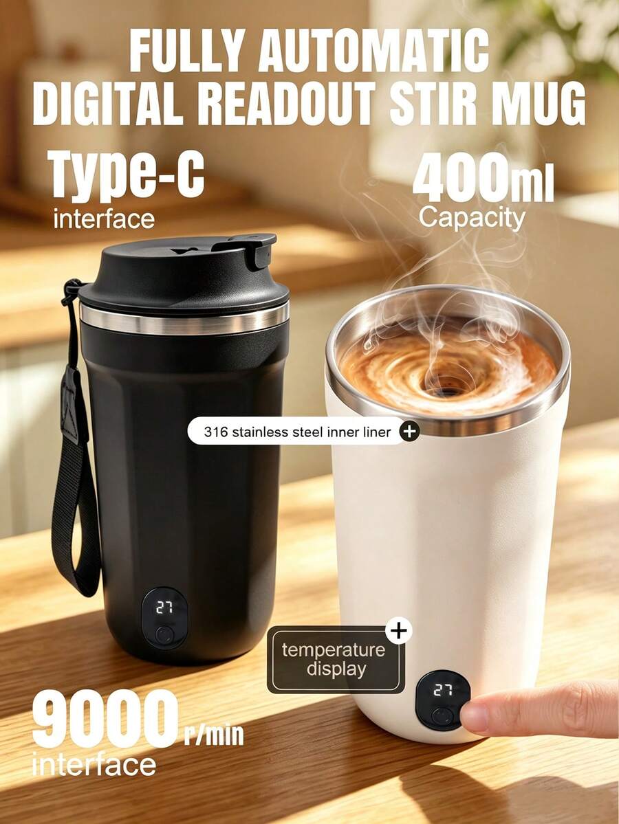 Cangkir Kopi Pengaduk Otomatis dengan Tampilan Suhu Digital, Pengaduk Magnetik 9000 RPM, Rotor PP yang Dapat Dilepas, Cangkir Pengaduk Elektrik Portabel dari Baja Tahan Karat 304, Cocok untuk Kopi, Bubuk Protein, Susu, dan Cokelat.