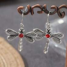 Vintage Bohemian Dragonfly Synthetic Ruby Dangle Hook Earrings, Silver Handmade Engraved Dragonfly Pendant Earrings, Symbolic Faith Jewelry - Silver - View 7