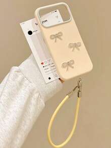Casing Ponsel Lucu Gaya Jepang & Korea, Kompatibel dengan Apple 16 Pro Max, 17 Model Baru, 15 Pro, 14, Perlindungan Penuh, Desain Pita Berlian Imitasi Kartun 3D dengan Tali Anti-Hilang, Casing Lembut Kreatif - Kuning - View 3