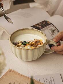 Vintage Vertical Ribbed Ceramic Breakfast Cup 430ml / 14.5oz Large Capacity Wide Mouth Milk Oatmeal Soup Coffee Mug With Handle, Single Cup Or Wooden Lid + Gold Spoon Set, Wabi-Sabi Aesthetic Tableware, Suitable For Home Kitchen, Office Daily Use, Holiday Gifts - Fangjuhuang - View 13