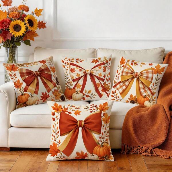 4pcs Autumn Plaid Bow & Pumpkin Pattern Single-Sided Printed Pillow Covers/Cushion Covers, Multi-Scene Atmosphere Decorative Pillow Covers Suitable For Living Room, Sofa, Bedroom, Pillow Insert Not Included