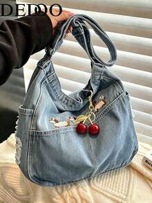 Dedoo 女款狗狗刺繡 Hobo 包，櫻桃吊飾可調節肩帶休閒斜背包，大容量校園後背包，適用大學校園使用 - 霧霾藍 - 查看 6