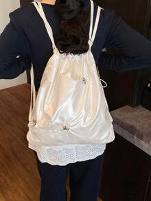 Fashionable Versatile Solid Color PU Drawstring Backpack, Large Capacity For Travel, Vacation, Back To School, Youth Campus, Suitable For Primary, Middle, High School And College Students - Beige - View 3