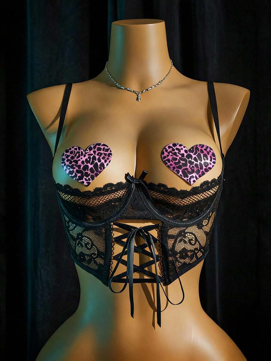 女款性感蕾絲束胸上衣，附愛心乳貼，繫帶內衣套裝，透視網紗娃娃裝連身衣，夜店派對服飾 - 彩色 - 查看 1