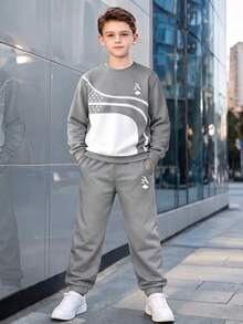 Teenagers Spring/Autumn Knitted 2 Pieces Set, Grey & White Colorblock Curved Star Print Crew Neck Sweatshirt, A Letter Poker Logo Loose Fit Joggers - Grey - View 3