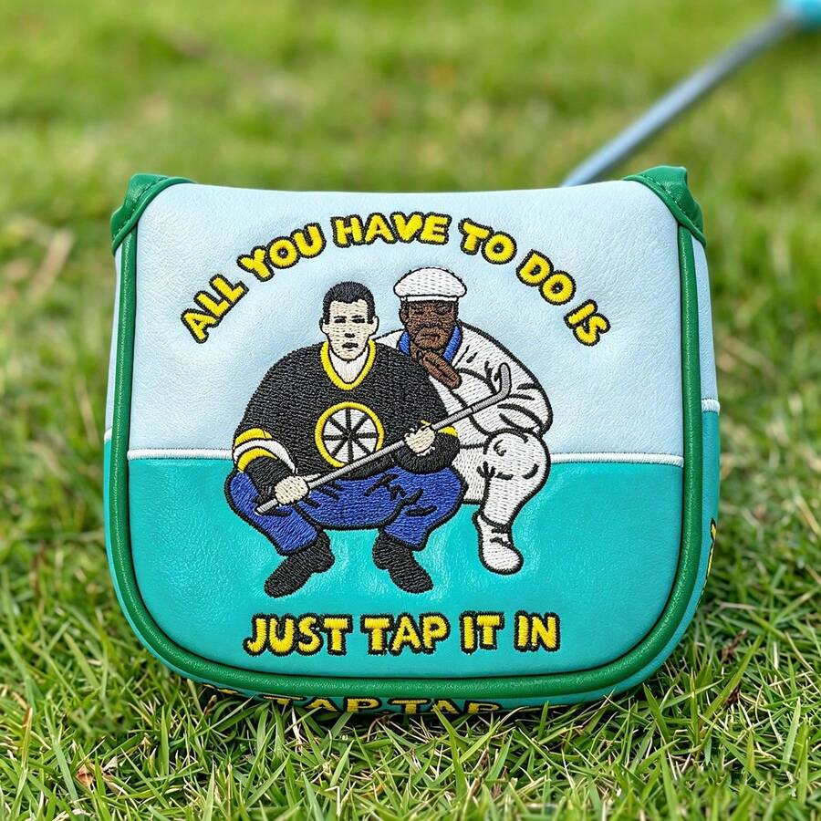 1PC Golf Two-Person Squatting Figure Pattern Style Golf Club Head Cover, Golf Putter Cover, Golf Mallet Putter Cover, Semi-Circular Putter Cover, Golf Club Head Cover - PU Material With High-End Embroidery, Fits Most Brands - Multicolor - View 1