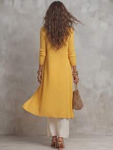 Women's Yellow Ribbed Long Knit Cardigan, V-Neck Open Front Knit Jacket, Casual Commute Versatile, Suitable For Spring, Summer And Autumn, Outdoor Top - Yellow - View 4