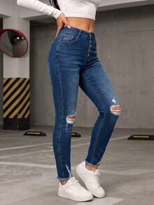 Women's Mid-Waist Slim Fit Distressed Jeans, Button Fly, Dark Wash Vintage Denim, Creating A Retro Fashion Style - Dark Wash - View 4