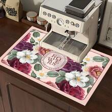1pc Camellia Pattern Printed Diatomaceous Earth Kitchen Dish Drying Mat, Absorbent Dish Drying Pad, Coffee Machine Mat, Dishwashing Mat, Sink Mat, Kitchen Countertop Protector, Suitable For Cups, Plates, Tableware And Kitchen Decor - Multicolor - View 4