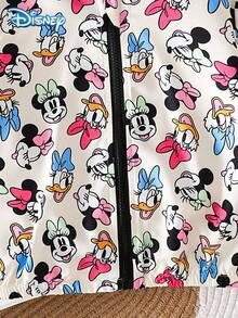 Disney Minnie And Friends 春/秋季女嬰休閒夾克，卡通 Minnie、Donald Duck、Daisy、Goofy 全身印花，長袖拉鍊連帽夾克，兒童日常百搭戶外娛樂派對穿著，時尚亮眼俏皮服飾 - 杏色 - 查看 6