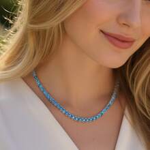 MDFUN Collar de tenis de oro blanco de 18K chapado con circonita cúbica azul cielo, collares de cadena única con circonita cúbica redonda de 5mm para mujeres - Azul - Ver 3