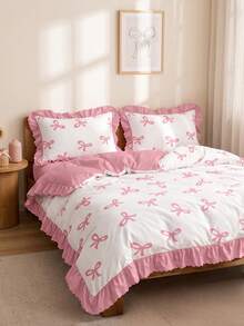 2/3pcs Ruffle Duvet Cover Set, Dorm Bedding, Cute Pink Bow Bedding Set, Cozy Room Decor, Skin-Friendly Breathable, Ultra Soft Anti-Pilling, Duvet Insert Not Included, Suitable For Single/Double/Queen/King Bed, All Seasons, Machine Washable, Back To School - Multicolor - View 8