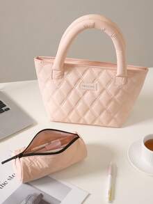 Quilted Diamond Pattern Handheld Lunch Bag, Skin-Friendly Texture, New Fashion Large Capacity Insulated Lunch Bag, Portable Handbag, Women's Multi-Functional Lunch Bag, Suitable For Office Meal, Commuting, Daily Insulation, Lunch Bag & Pencil Case Set - Multicolor - View 22