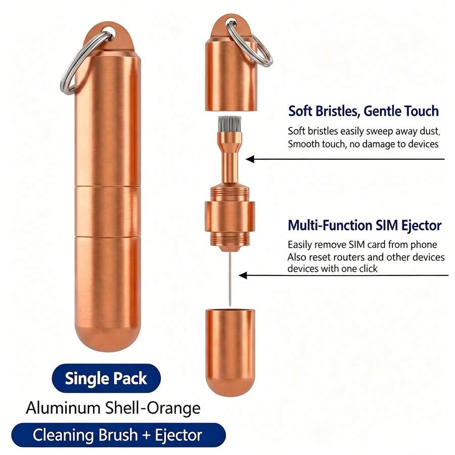 Pin Pelepas Kartu SIM Portabel 2-in-1 dengan Sikat Pembersih Lembut, Desain Gantungan Kunci Paduan Aluminium Mini Multifungsi Port Pengisian Daya Pembersih Debu untuk Ponsel & Earbud Nirkabel, Oranye