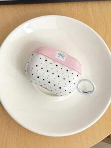 1pc Wavy Glossy Earbud Case, Pink White Two-Tone Polka Dot & Light Blue Bow Print, White Spring Ring Clasp, Soft TPU Full-Wrap Shockproof Protective Cover Compatible With AirPods41,2,3,4,Pro,Pro2,Pro3 - Multicolor - View 3
