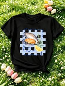 Cotton T-Shirt With A Lemon And Seafood Graphic Print. High-Quality Cotton, Comfortable Fit, Hip-Hop Street Style, Unique Graphic Print. - Black - View 2
