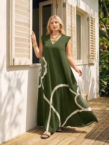 CAJUNI Plus Size Women Floral Print V-Neck Casual Party Dress - Multicolor - View 6