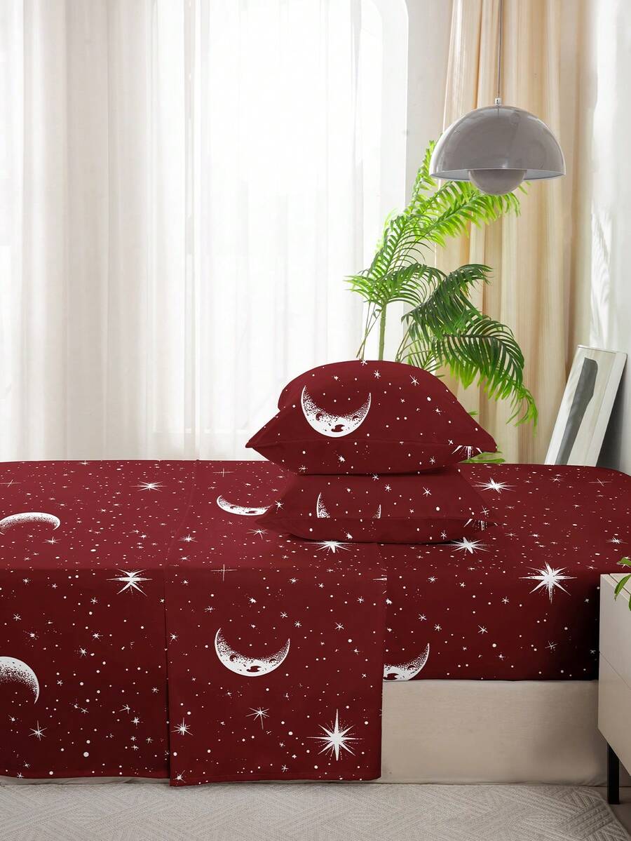 4件組新月圖案印花床單套件,含1件床笠、1件平鋪床單與2件枕套,親膚柔軟透氣床品套組,舒適可機洗床墊保護套,易打理四季通用臥室裝飾,適用King、Queen、Full、Twin尺寸家用床上用品 - 彩色 - 查看 1