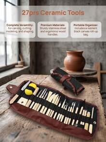 39/27/11Pcs Pottery Clay Sculpting Tools Set With Canvas Roll Bag Stainless Steel Wood Handle For Carving Modeling - Multicolor - View 1