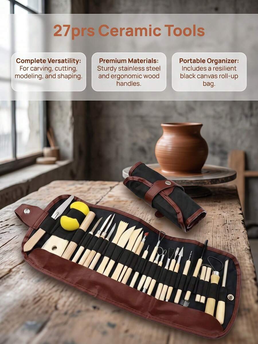 39/27/11Pcs Pottery Clay Sculpting Tools Set With Canvas Roll Bag Stainless Steel Wood Handle For Carving Modeling - Multicolor - View 1