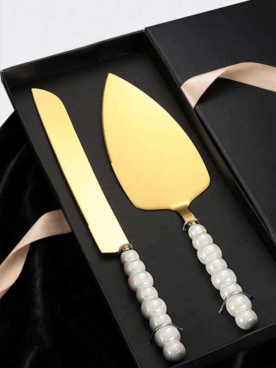 2PCS Stainless Steel Cake Knife And Server Set, Pearl Beaded Handle, Packed In Black Gift Box, Elegant Dessert Cutting Utensils For Wedding, Birthday Party, Christmas, Thanksgiving, Holiday Celebration Gift - View 1