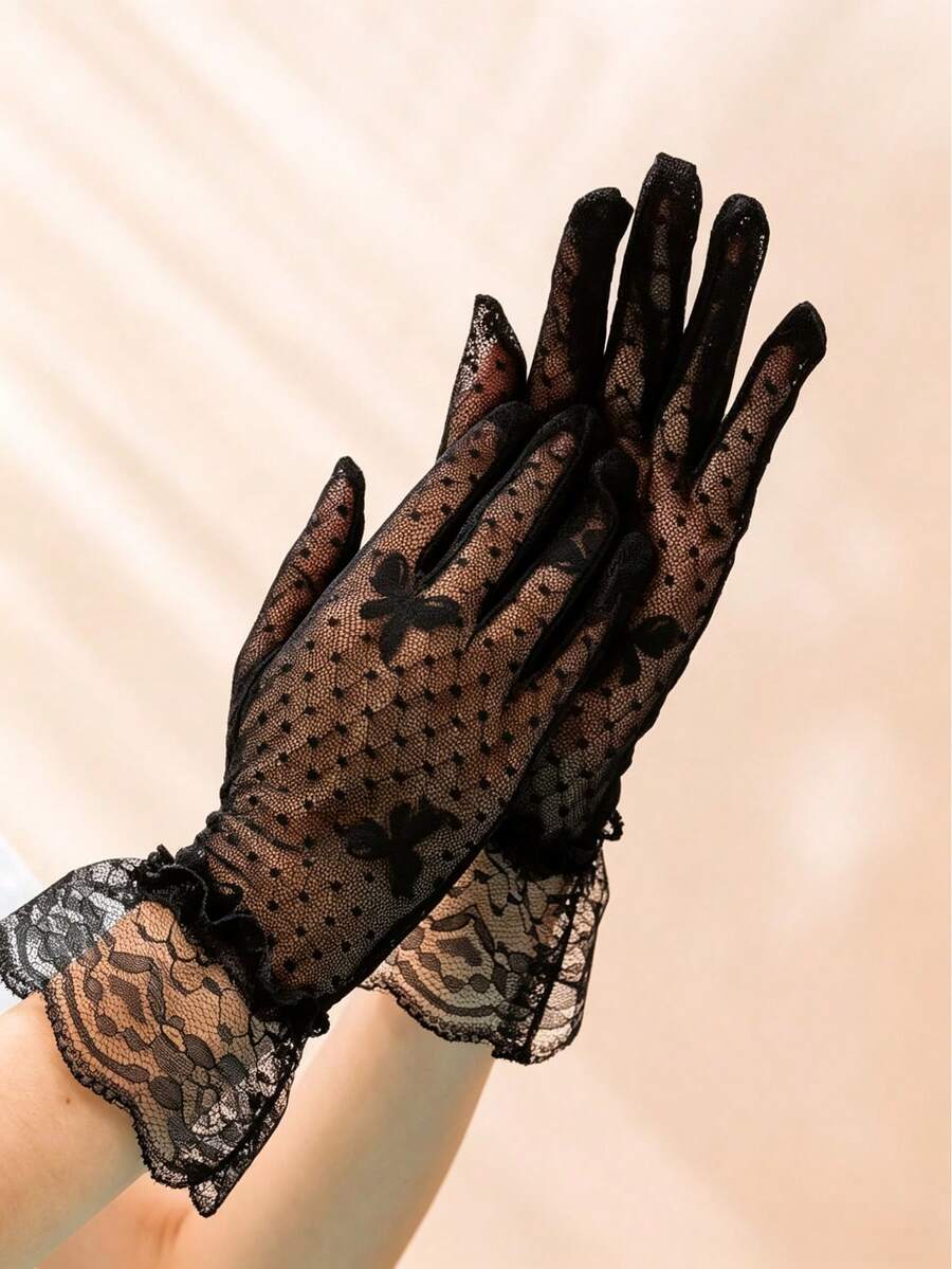 1 Pair Vintage Sheer Floral Random Bow Lace Gloves, Women's Ruffle Cuff ...