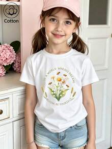 Summer & Autumn Girls' Cotton Short Sleeve T-Shirt, Cute Sweet Girly Preppy Style With Fun Printed Graphics - White - View 2