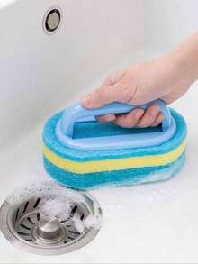 1pc Bathroom Sponge Cleaning Brush With Handle, Suitable For Wall And Tile Surfaces, Kitchen Bathtub Toilet Cleaning, Multi-Purpose Shower Sponge Scrubber, Cleaning Brush With Handle - Multicolor - View 4