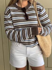 Women's New Multi-Color Horizontal Striped Patchwork Long Sleeve Half-Open Collar Knit Sweater Fall - Multicolor - View 5