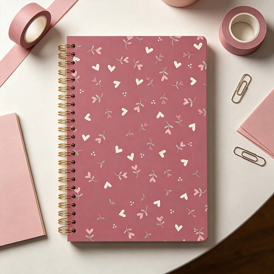 1pc Bohemian Floral Heart Spiral Notebook With Perforated Pages And Soft Cover - Pink, Suitable For School, Office, Journal, Gift, Durable Cover, Compact Size, With Lined Pages For Bullet Journaling And Planning - Multicolor - View 1