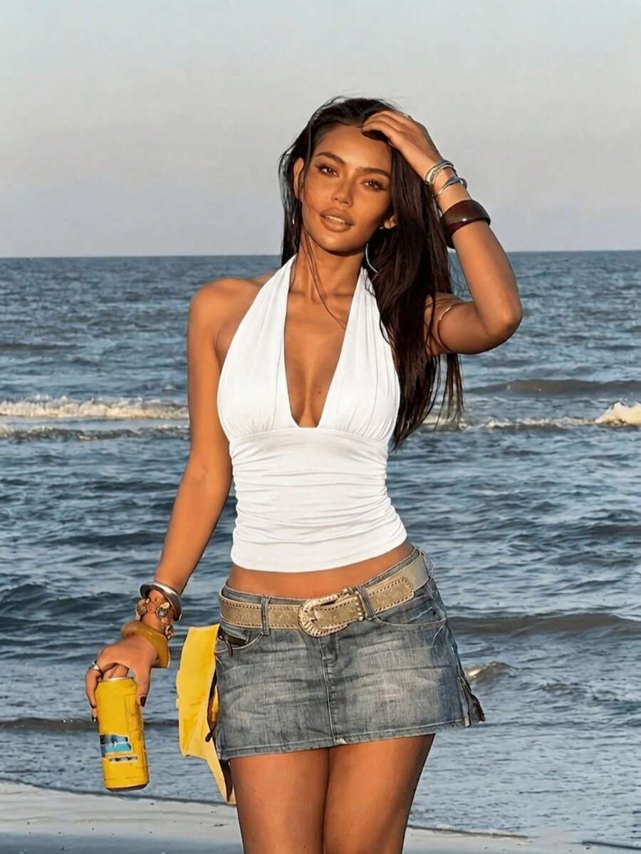 Women's Summer Sexy Fitted Tie-Up Ruched Solid Color Top - White - View 1