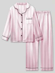 Set de 2 piezas de pijama de manga larga a rayas rosas y blancas para niña preadolescente - Multicolor - Ver 1