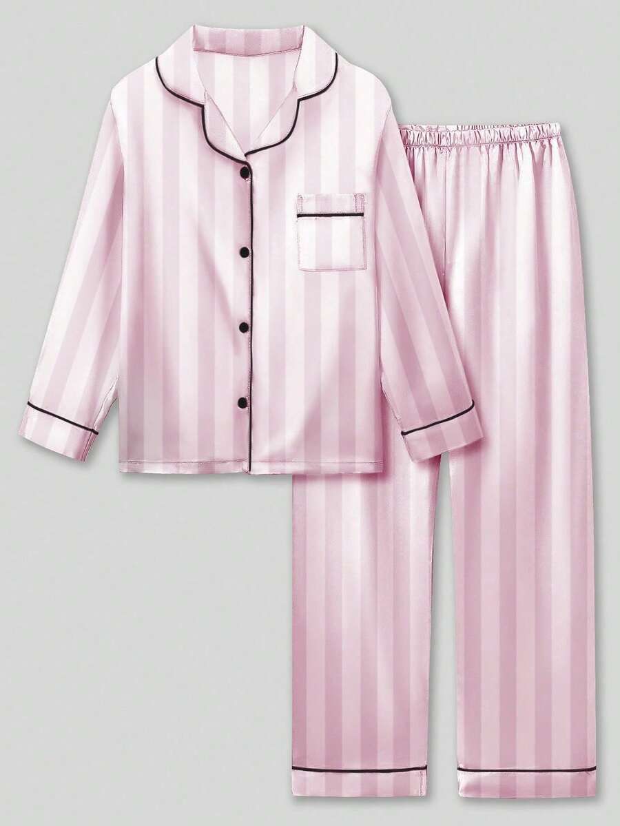 Set de 2 piezas de pijama de manga larga a rayas rosas y blancas para niña preadolescente - Multicolor - Ver 1