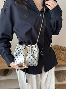 Mini New Fashion Straw Woven Gold Chain Drawstring Bucket Bag Beach Bag - Silver - View 4