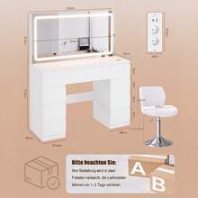 Devoko Modern Vanity Table With Extra Large LED Mirror, 3 Light Colors And Dimmable Brightness, Dressing Table With Glass Top, 9 Drawers, Power Strip And Hair Dryer Holder, White/Black - 查看 10