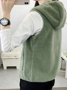 Women's Outdoor Fleece Vest, Lightweight Fleece Vest, Autumn/Winter Soft Fleece Sleeveless Hooded Jacket - Green - View 2