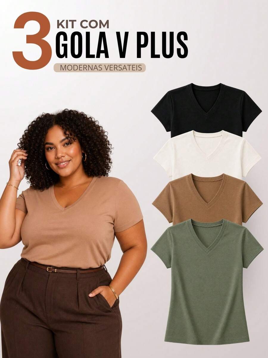 Kit 3 Blusas Feminina Plus Size Decote V Manga Curta Malha Premium Básica Casual - H00