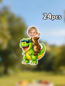 Custom Photo Kid Riding T-Rex Dinosaur Banner,Explorer Outfit Portrait Garland,Green T-Rex Themed, Birthday Gift For Dino Lover,Dinosaur Party Decor - Multicolor - View 8