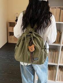 New Fashion Casual Minimalist Unisex Drawstring Closure Solid Color Retro Large Capacity Multi-Pocket University Student Backpack, Lightweight Multipurpose Shoulder Bag For Short Trip, Hiking - Multicolor - View 8