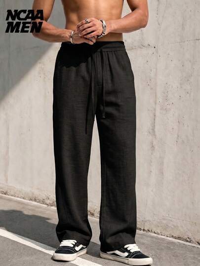 Herren-Freizeithose aus Kunstleinen Einfarbig, gerade geschnitten, minimalistisch, vielseitig für den täglichen Arbeitsweg, strukturierte leinenähnliche lange Hose