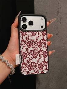 1pc Premium Fashion Full-Screen Personalized Red Lace Floral Pattern Phone Case, Full Coverage Shockproof Soft Shell With Large Camera Hole, Compatible With Apple 17 Pro Max/11/12/13/14/15/16 Pro Max/17 And Other Models, Holiday Gift - Multicolor - View 3
