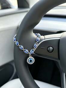 1pc Silver Blue Evil Eye Car Steering Wheel Chain, Sparkling Rhinestone Turkish Evil Eye Pendant Decoration, Bohemian Style Car Interior Decor For Good Luck And Protection, Suitable For Most Car Models - Evil Eye - View 2