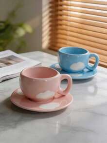 Mini Cloud Embossed Ceramic Cup & Saucer Set, Cute Wavy Asymmetrical Shape, Macaron Pastel Color Mini Espresso Cup, Creative Handmade Ceramic Tea Cup, Japanese Style Cute Tableware, Home Decor Gift - Multicolor - View 9