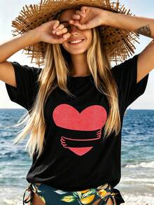 Heart Print T-Shirt, Quality Fabric, Comfortable And Relaxed Fit, Casual, With Unique Graphic Print. - Black - View 6