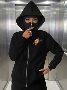 女款休閒抓絨頭套連帽衛衣，雙層帽設計，拉鍊口袋，寬鬆版型，適合秋冬日常穿著，黑色 - 黑色 - 查看 5