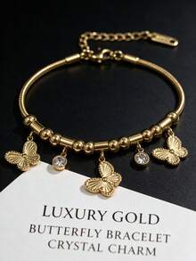 18k 鈦鋼鍍金復古法式精緻手腕飾品，低敏可調節水晶吊飾手鍊 - 蝴蝶手鍊 - 查看 1