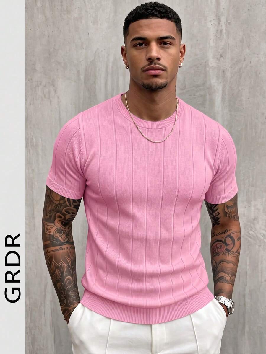 Suéter casual de punto acanalado de cuello redondo de manga corta de unicolor para hombres GRDR