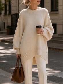 Women's Ribbed Hem Solid Color Asymmetric Loose Pullover Sweater Long Sleeve Knit Top, Suitable For Autumn Wear - Apricot - View 6