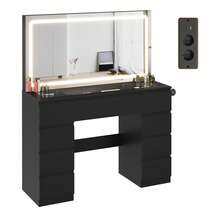 Devoko Modern Vanity Table With Extra Large LED Mirror, 3 Light Colors And Dimmable Brightness, Dressing Table With Glass Top, 9 Drawers, Power Strip And Hair Dryer Holder, White/Black - Black - View 9