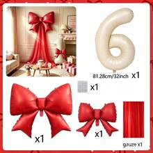 Red Bow Milk White Number Balloon 0-9, Red Chiffon Bow Balloon, Used For Bridal Shower, Anniversary, Birthday Decoration, Photo Props, Valentine's Day, Theme Party - Red Bow Cream Number Balloon - View 16